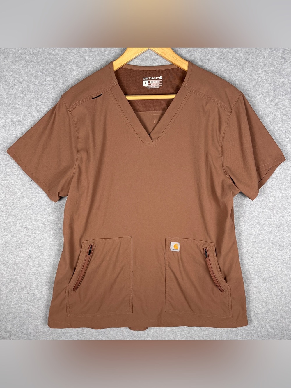 Carhartt Force Cross-Flex Scrub Top Womens XL Brown Modern Fit Zip Pockets